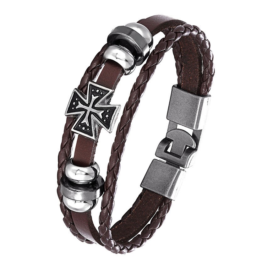 [Z H Perhiasan] Vintage Rock Cross Gelang Kulit Pria Dan Wanita Fashion Stainless Steel Multilayer Manik-Manik PU Gelang Punk Pesta Perhiasan Aksesoris