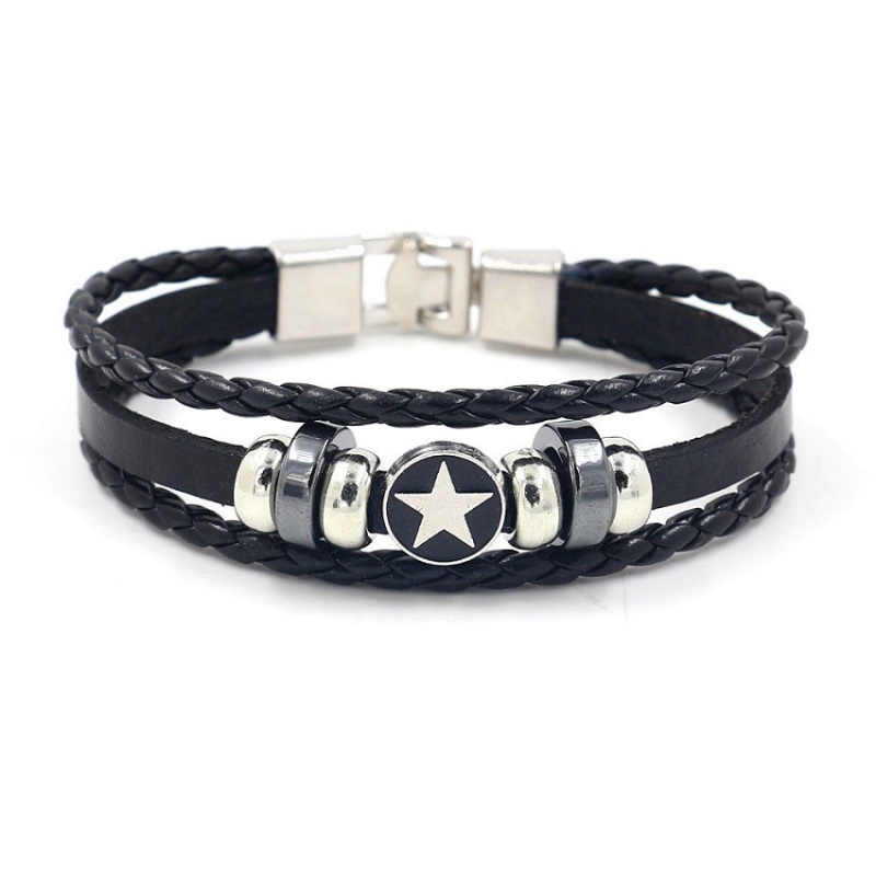 [X C Gelang] Baru Lima Titik Bintang Gaya Gelang Hitam Kulit Vintage Hip Hop Punk Gelang Kulit Cuffles Manik-Manik Multilayer Zinc Alloy Anyaman Gelang