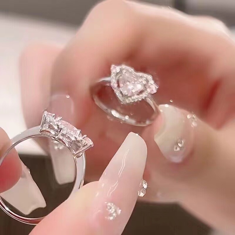 Fashion Hati Cincin Batu Permata Untuk Wanita Kristal Merah Muda Cincin Terbuka Yang Dapat Disesuaikan Aksesoris Perhiasan