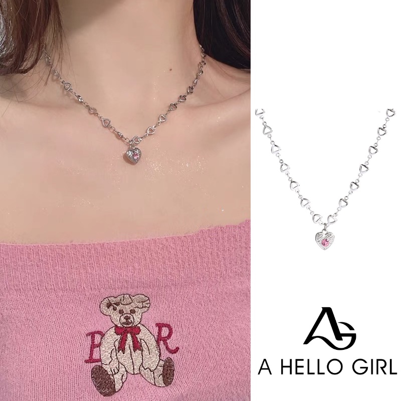 Kalung Rantai Desain Hati Aksen Berlian Warna Pink Untuk Wanita
