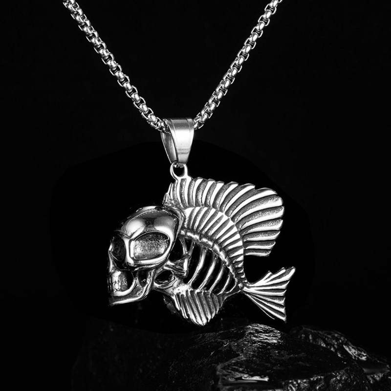 Kepribadian Tulang Ikan Liontin Kalung Untuk Pria Gothic Punk Bergaya Hantu Tengkorak Kalung Perhiasan Hadiah Pesta