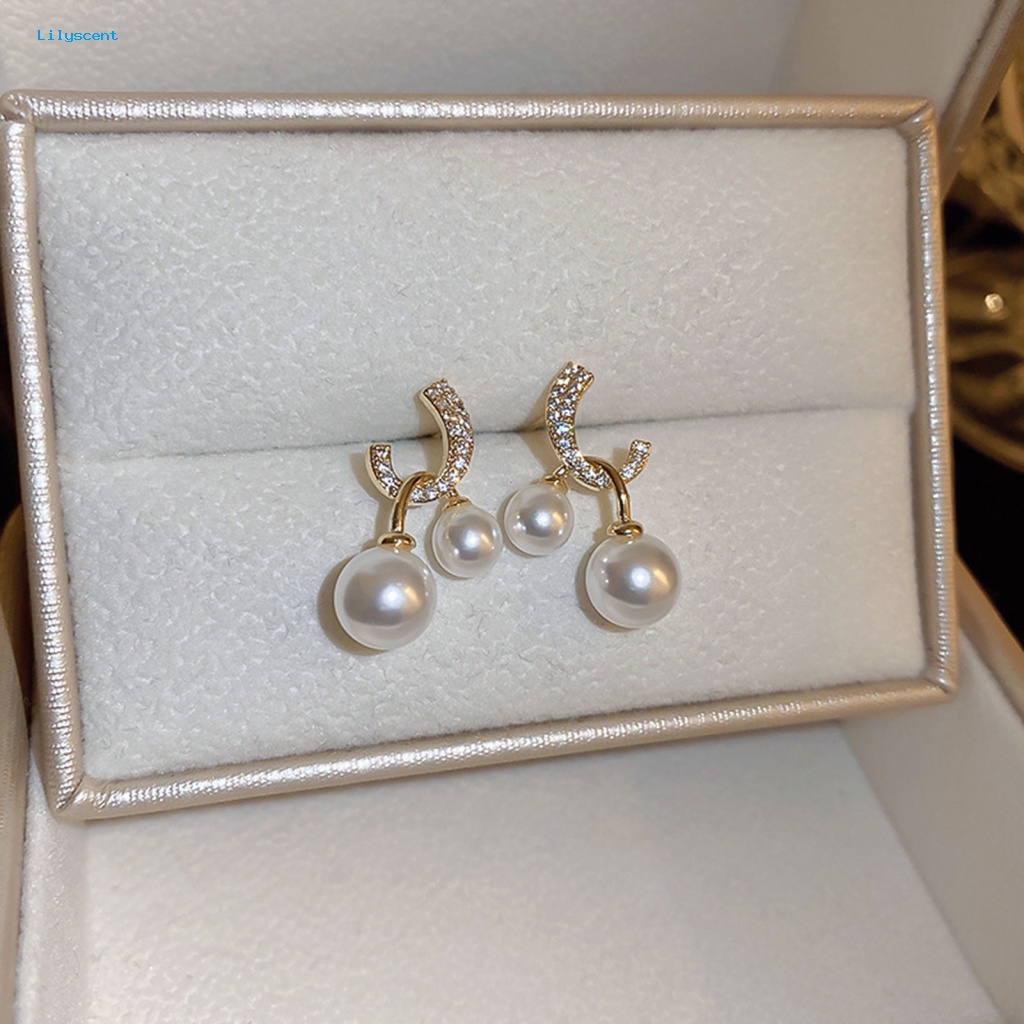 Lilyscent 1pasang Padat Wanita Anting Fashion Perhiasan Mempesona Berlian Imitasi Stud Earrings Dual Faux Pearls