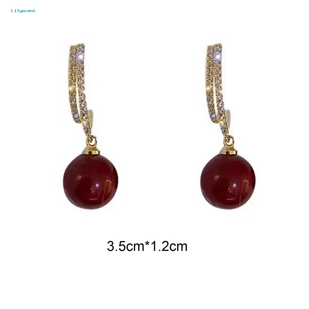 Lilyscent 1pasang Klip Telinga Anti Pudar Aksesoris Pakaian Wanita Bola Merah Drop Earrings Geometris