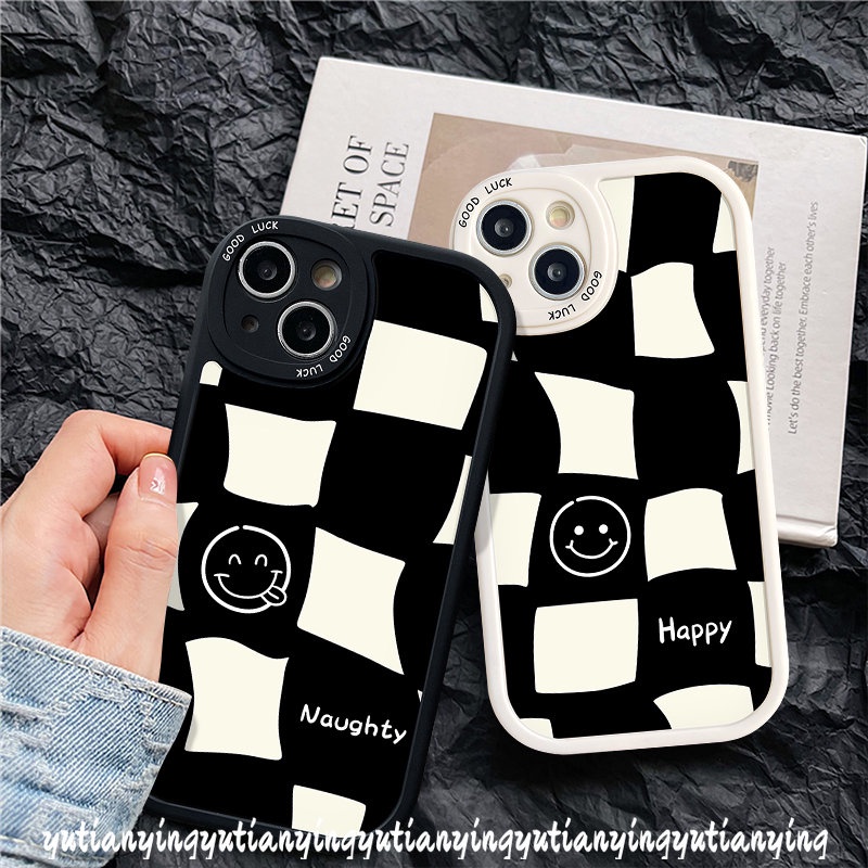 Fashion Smile Pasangan Casing Realme C53 C31 C30 C25s C35 C3 C25Y C20 C2 C17 C11 C21 C12 C21Y C17 C15 8 GT 9i 5 7i 5i 6i 6s 6 8i 8Pro Lembut Simple Hitam Putih Checkerboard TPU Cover