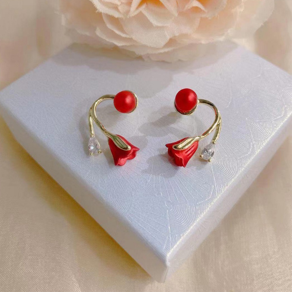 Deartiara Sepasang Anting Mutiara Imitasi Bunga Tulip Retro Merah Dengan Anting High-end Dan Bergaya