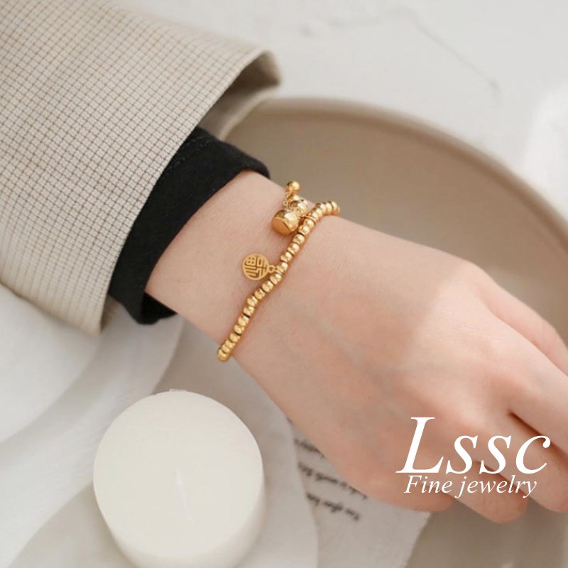 Gelang Titanium Wanita Anti Karat Manik Labu Keberuntungan Cantik Emas 18K Aksesoris Perhiasan Korea