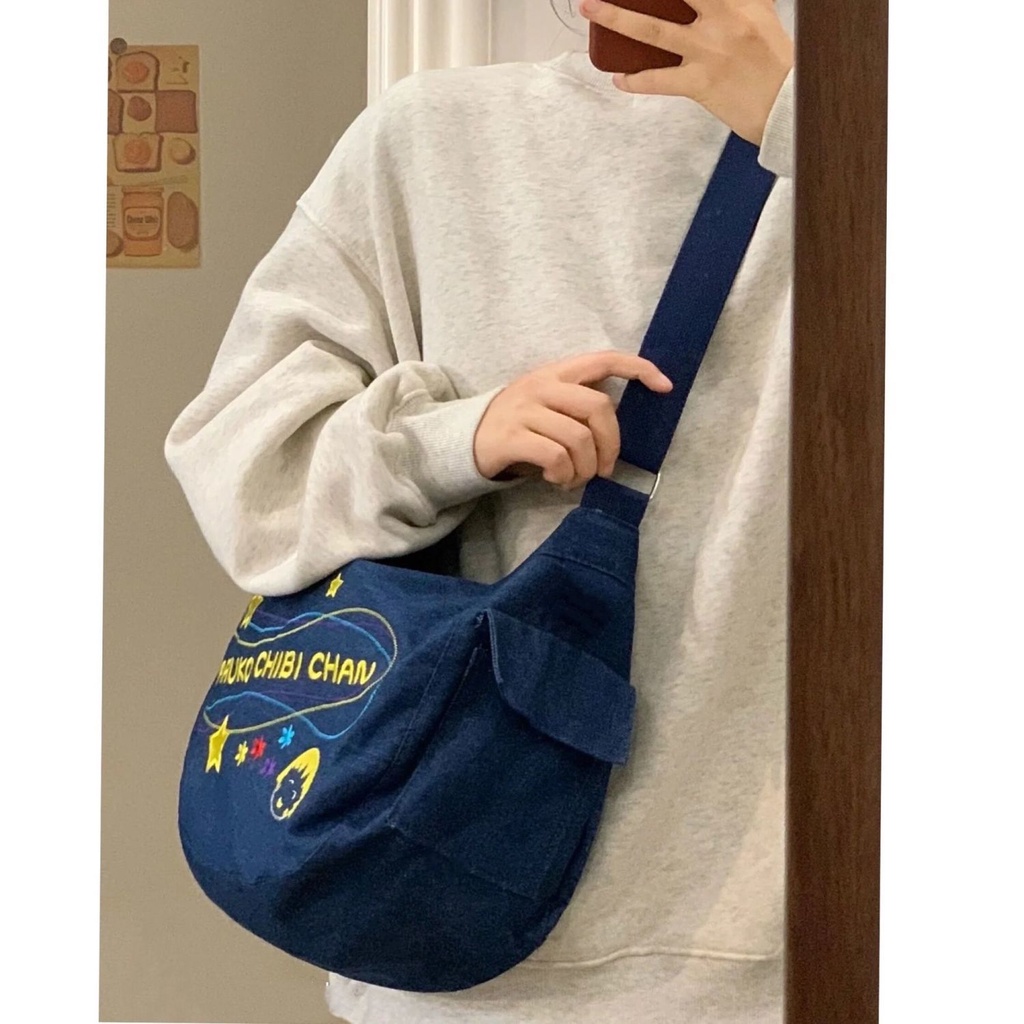 ☍Sera Dark Blue Galaxy Tote Bag 2022 Baru Kanvas Tas Wanita Kapasitas Besar Denim Tas Bahu Kecil Maruko Messenger Bag