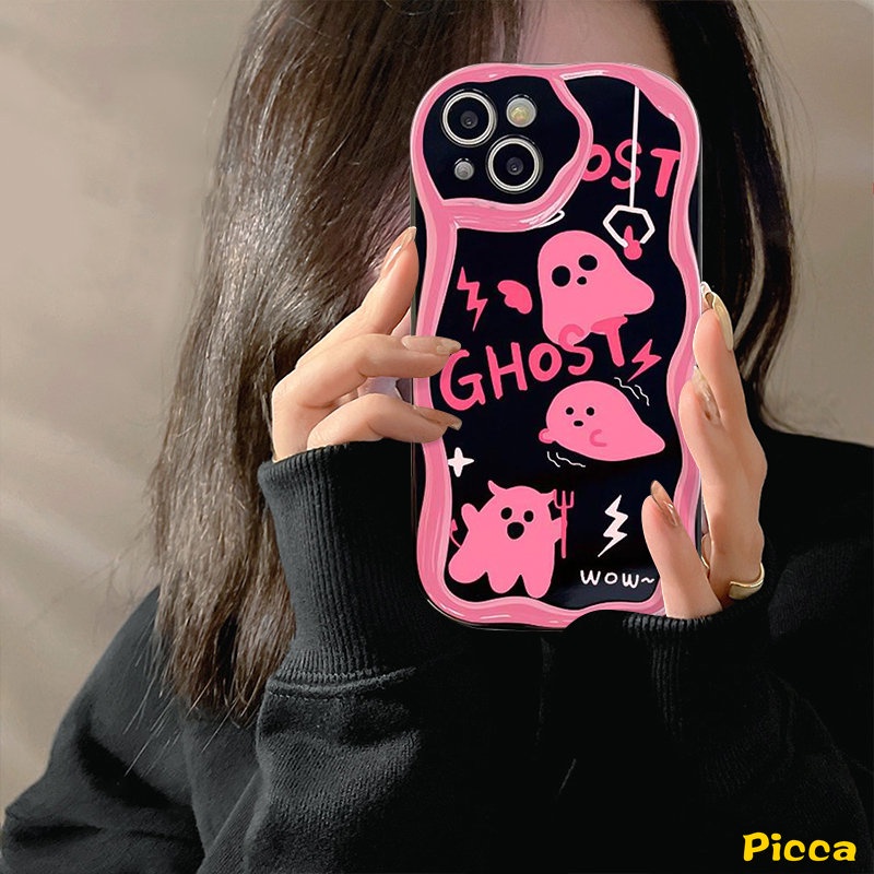 IPHONE Casing Ponsel 3D Wavy Curved Edge Glossy Shockproof Kompatibel Untuk Iphone11 13 12 14 Pro Max XR 78 6 6s Plus X XS Max SE 2020 Lucu Pink Soul Ghost Tpu Soft Cover