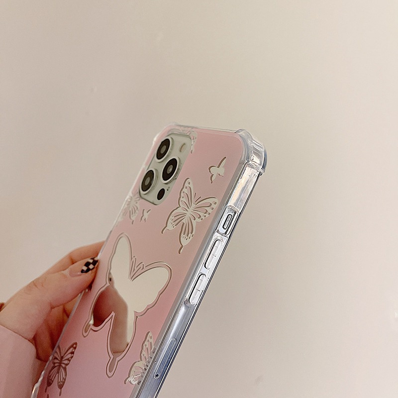 【Shock Proof Mirror】Silicone Soft Case Iphone 6S 7 8 Plus X XR XS Max IPhone 11 12 13 14 Pro Max 14 Plus 7+ 8+ 12 13 mini for Women Girl Ins Pink butterfly