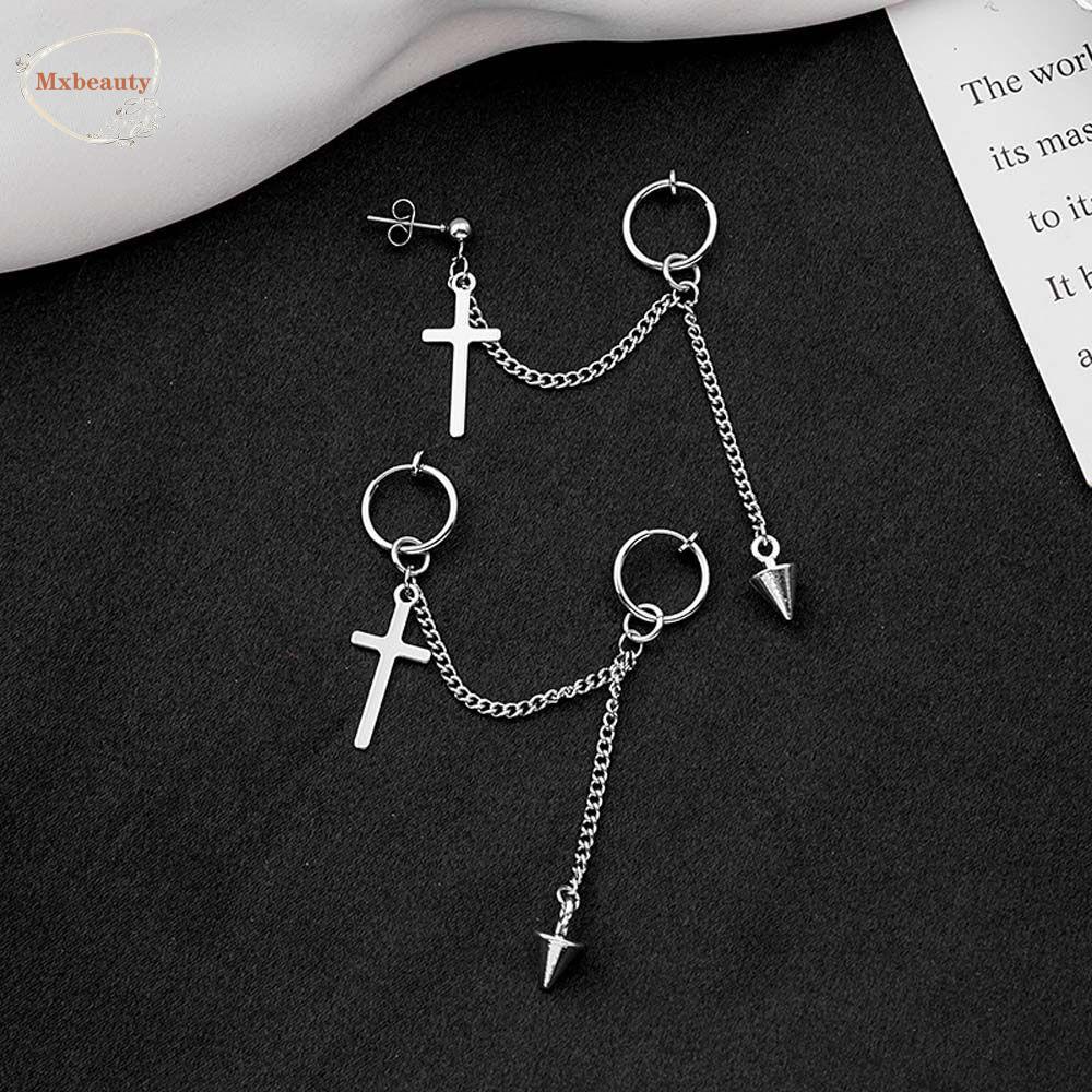 Mxbeauty Anting Klip Salib Punk Elegan Hip Hop Hadiah Stainless Steel Salib Liontin Pria Rantai Rumbai Stud Earring