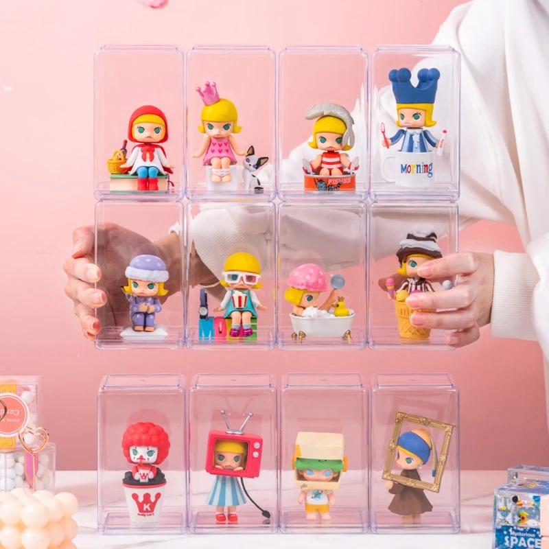 1pc Mini Action Figure Akrilik Case DIY Luminous Light Mainan Boneka Organizer Transparan Solid Stackable Kotak Penyimpanan Tahan Debu Koleksi Showcase Blind Box Display Stand