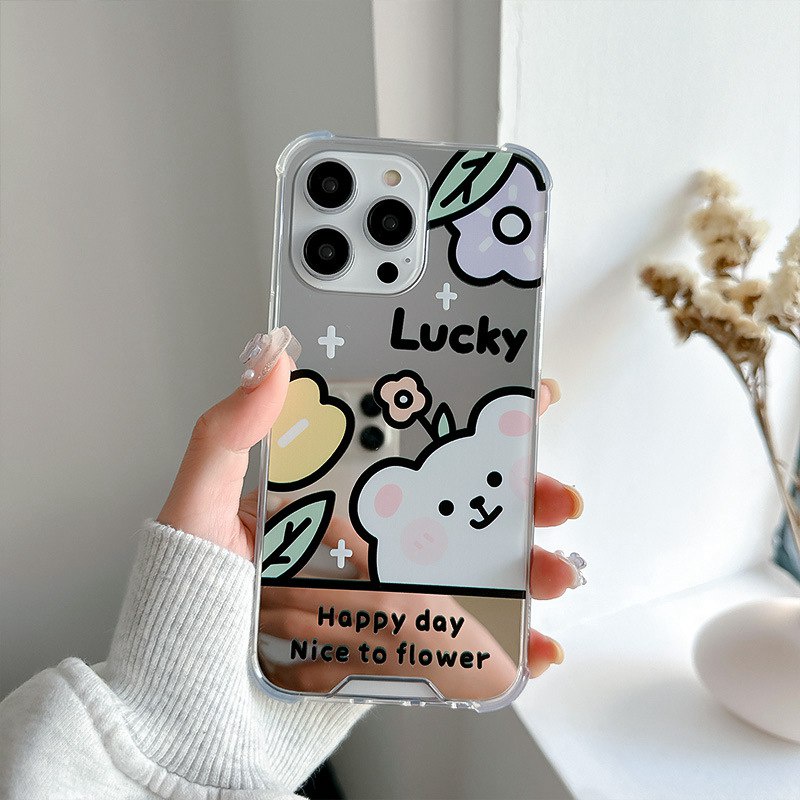 [Anti Jatuh Cermin] Pretty Makeup Silicone Soft Case IPhone 6S 7 8 Plus X XR XS Max IPhone 11 12 13 14 Pro Max 14 Plus 7 +8+12 13 mini Wanita Cewek Lucu Beruang Beruntung Bunga Tulip