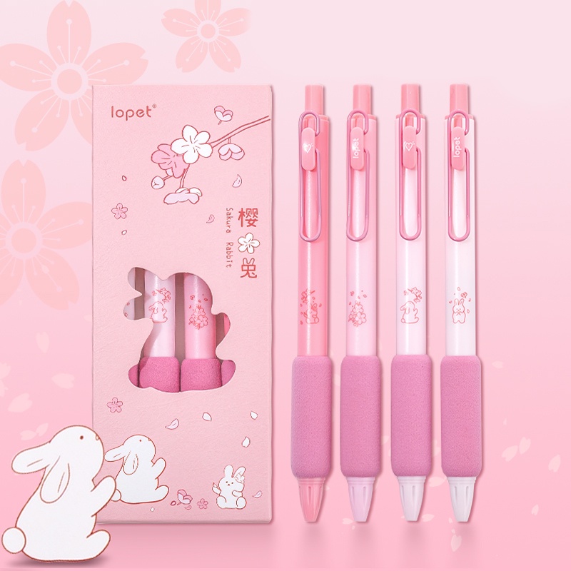 4pcs Kotak 0.5mm Pink Sakura Series Soft Grip Gel Pen Mahasiswa Tinta Hitam ST Nib Pena Ditarik