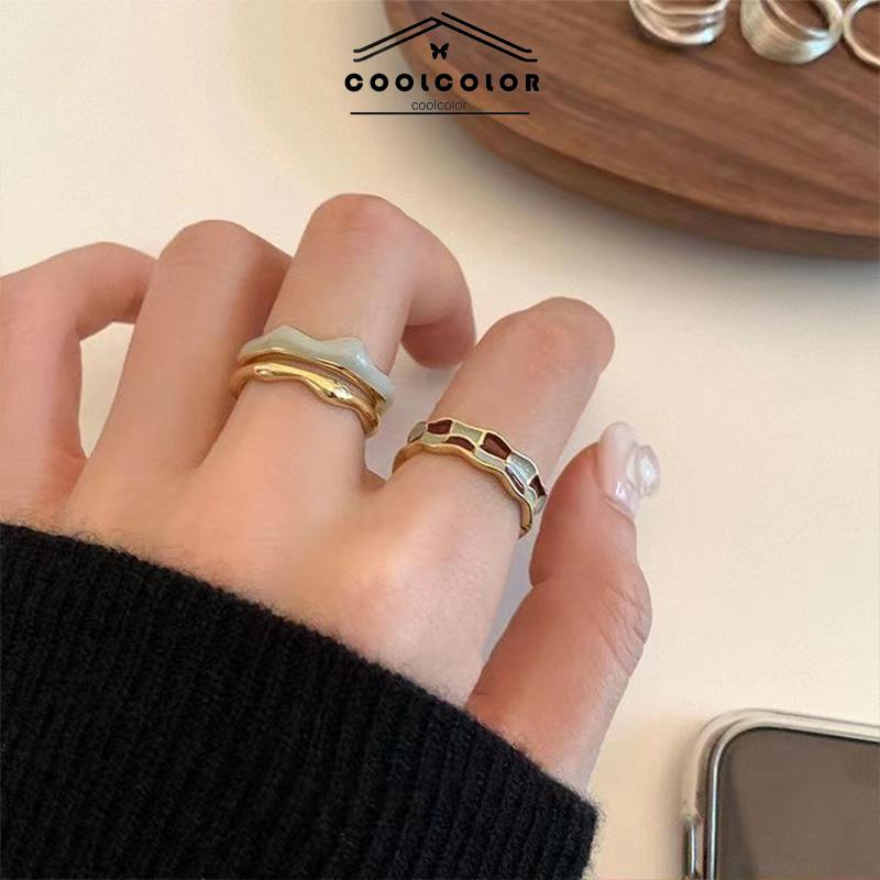 COD❤️Cincin Retro Wanita Emas Papan Catur Kotak-kotak yang dapat disesuaikan- cl