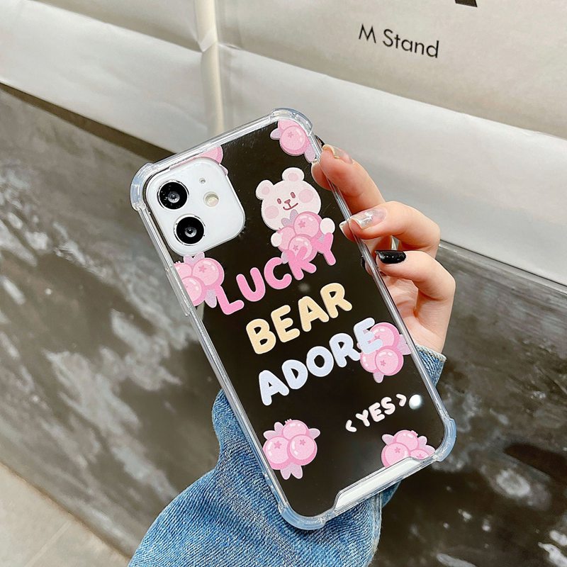 [Anti Jatuh Cermin] Pretty Silver Makeup Silikon Soft Case IPhone 6S 7 8 Plus X XR XS Max IPhone 11 12 13 14 Pro Max 14 Plus 7+8+12 13 Mini Wanita Cewek Lucu Tomat Blueberry Bear