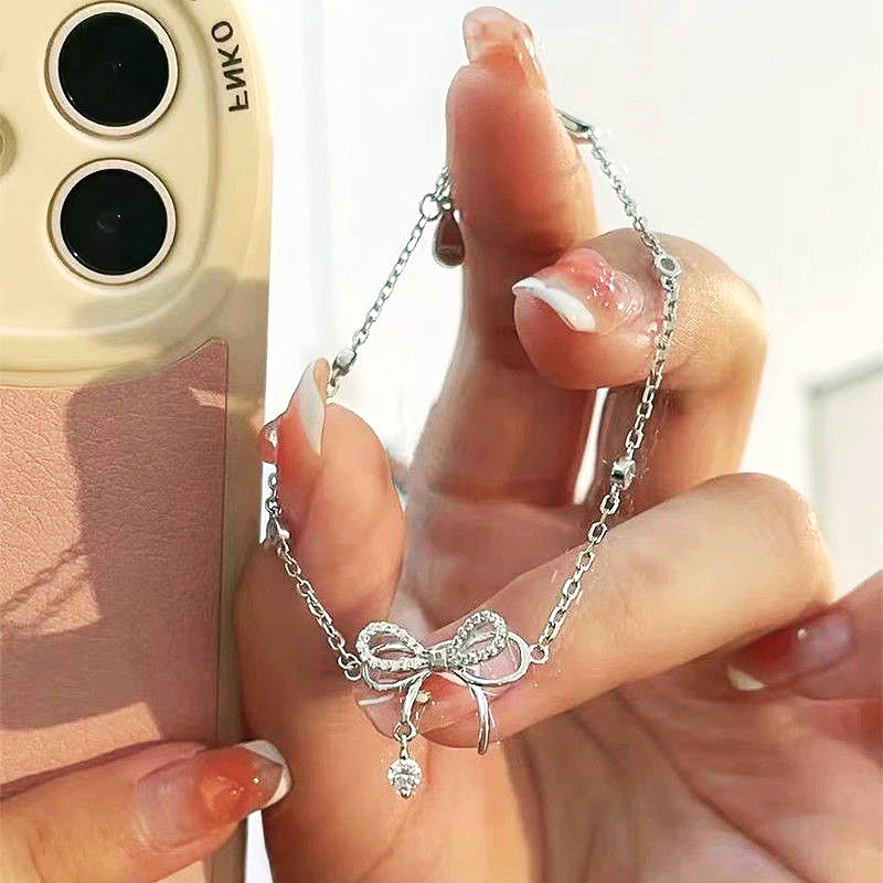 Zirkon Gaya Korea bangle Wanita Perak Disepuh Busur Ringan Mewah fashion Gelang