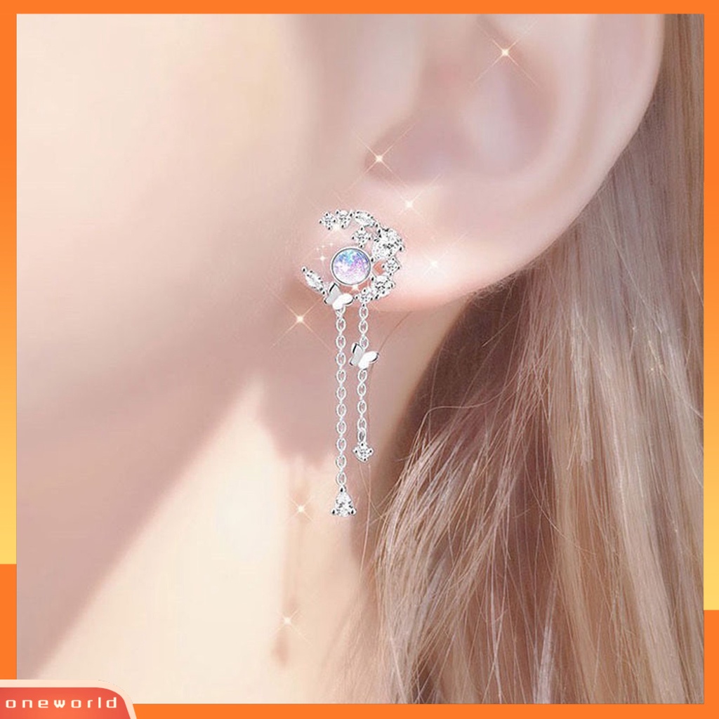 [EONE] 1pasang Anting Gaya Korea Geometris Rantai Panjang Ungu Kristal Imitasi Bulan Bintang Kupu-Kupu Bertatahkan Berlian Imitasi Panjang Rumbai Anting Aksesoris Fashion