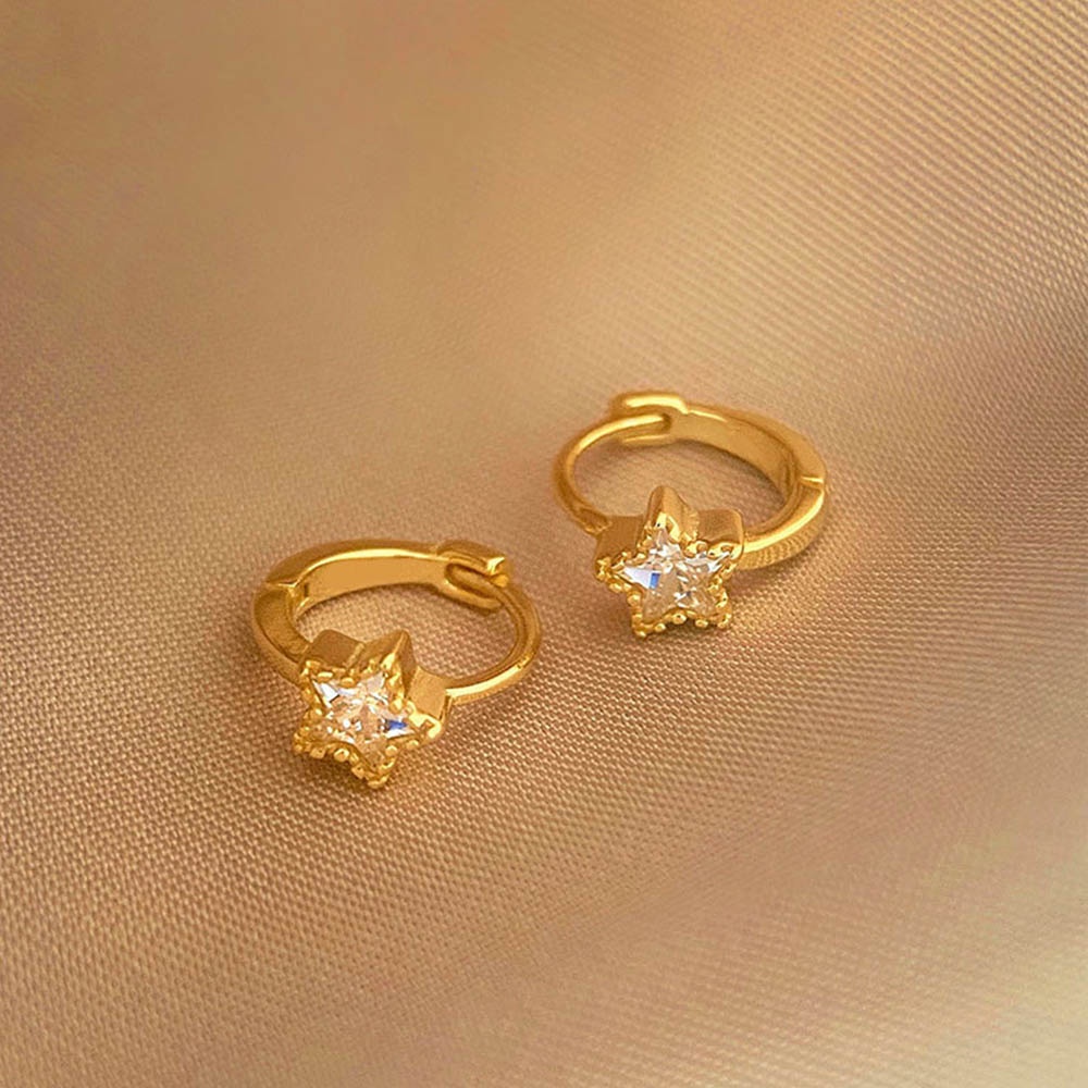 Anting Hoop Bintang Zircon Kecil Warna Emas Silver Untuk Wanita Perhiasan Geometris Huggies Telinga Lucu Sederhana