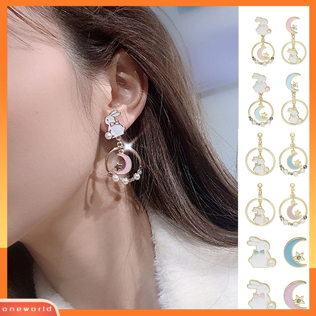 [EONE] 1pasang Anting Pejantan Dissymmetry Cincin Berongga Berlian Imitasi Mutiara Imitasi Hadiah Kartun Kelinci Bulan Bintang Gadis Drop Earrings Fashion Perhiasan