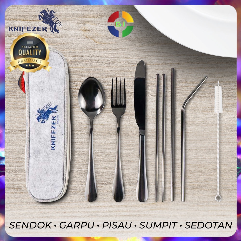 Alat Makan Sendok Garpu Pisau Sumpit Sedotan 1 Set Black Stainless Steel