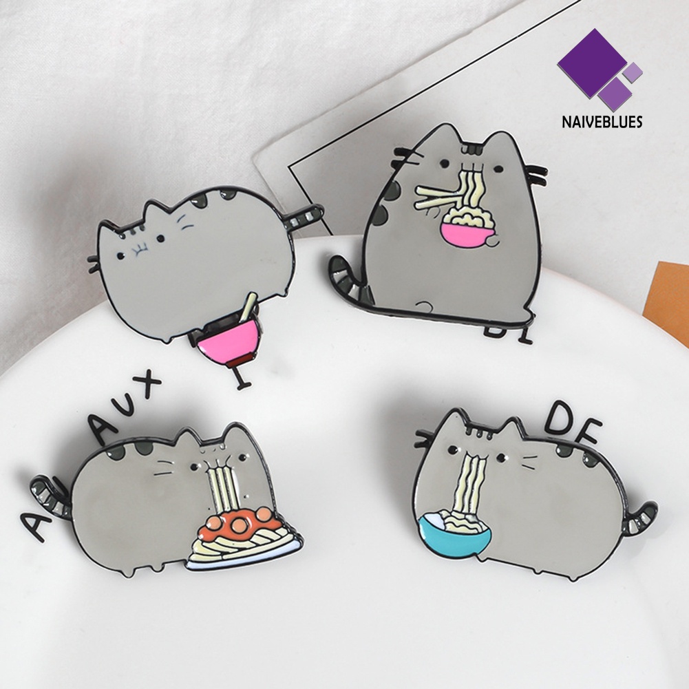 &lt; Naiveblues &gt; Kartun Lucu Kucing Gemuk Makan Mie Enamel Pin Kerah Lapel Perhiasan