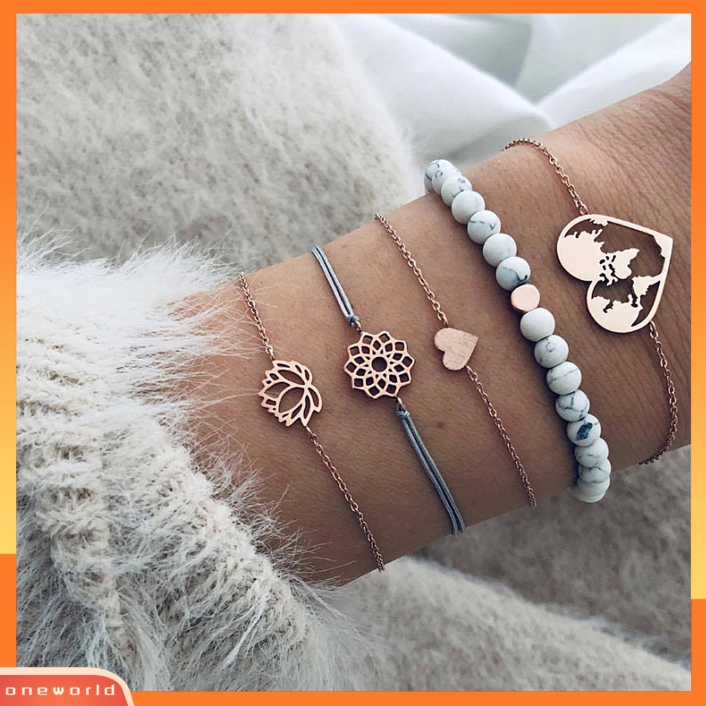 [EONE] 5pcs Wanita Gelang Hollow Out Lotus Perhiasan Adjustable Bright Luster Bracelets Untuk Pesta