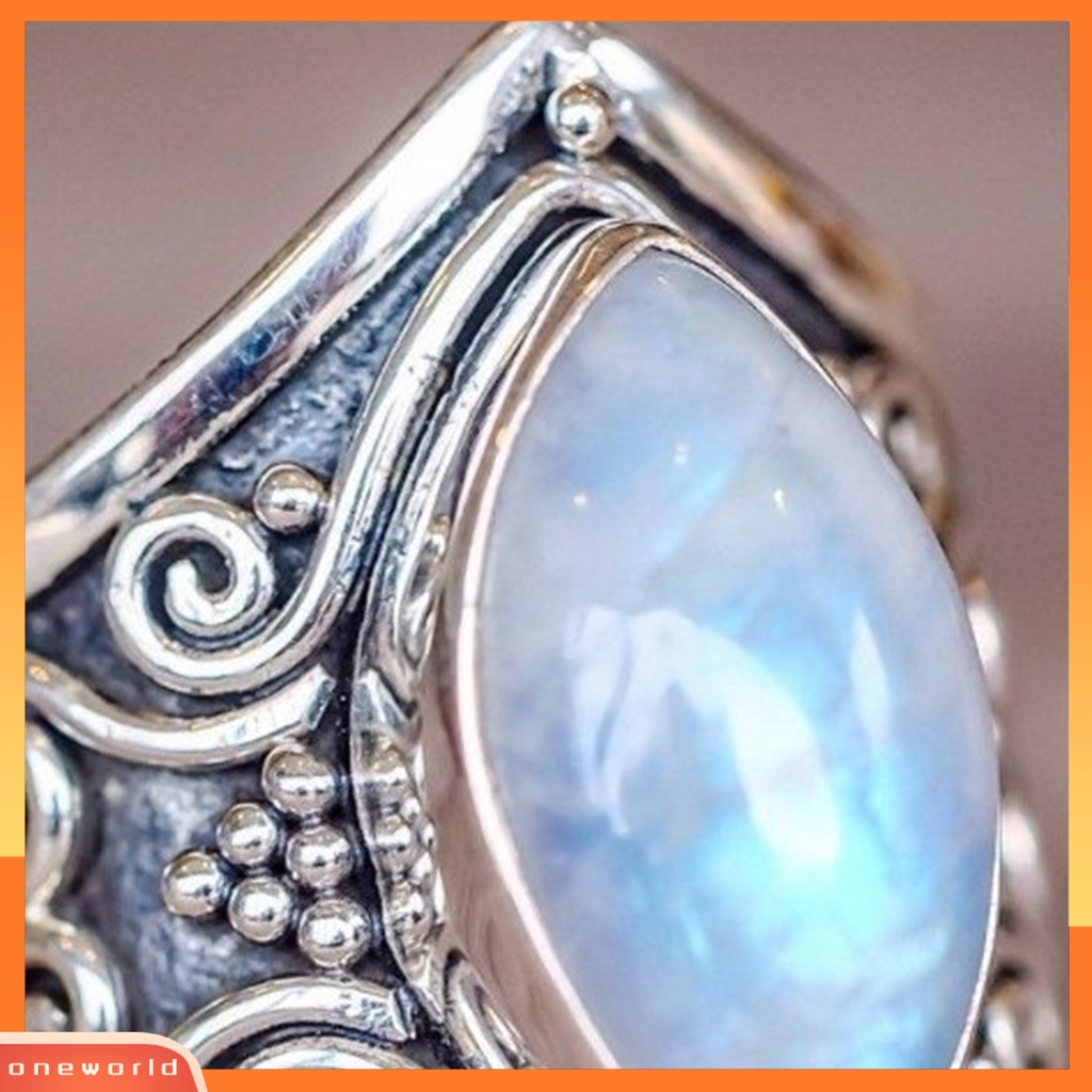 [EONE] Pola Unik Punk Retro Cincin Good-looking Vintage Besar Oval Faux Moonstone Ring Aksesoris Perhiasan