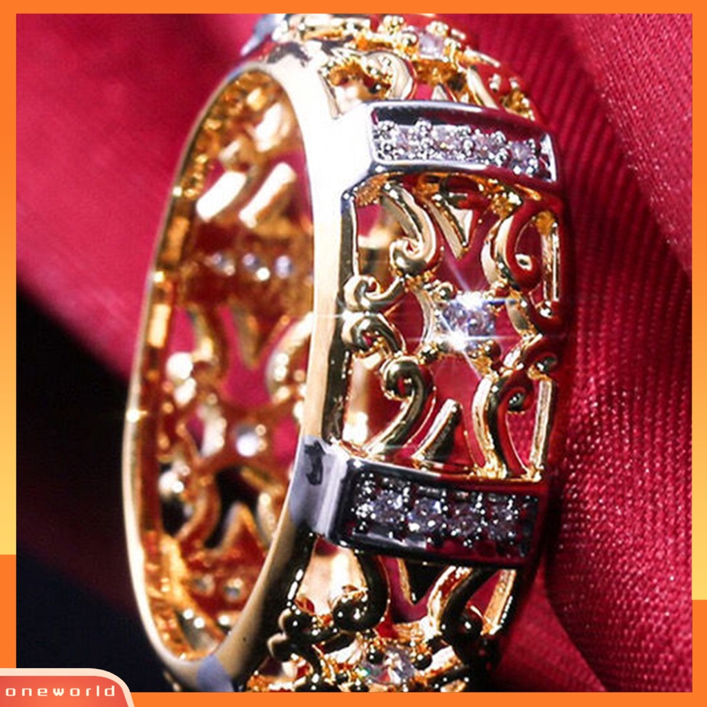 [EONE] Wanita Cincin Gaya Vintage Berongga Ukiran Dua Warna Kuno Bling Cubic Zirconia Ladies Finger Ring Fashion Jewelry