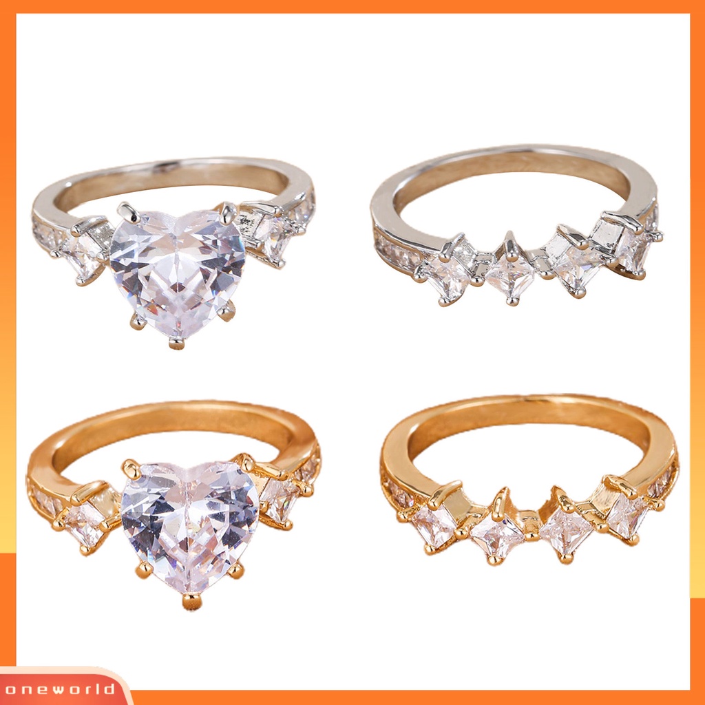 [EONE] 2pcs/set Lady Set Cincin Bentuk Hati Geometris Dipoles Mengkilap Cubic Zirconia Indah Jari Dekorasi Mewah Romantis Cinta Buku Jari Cincin Set Perhiasan