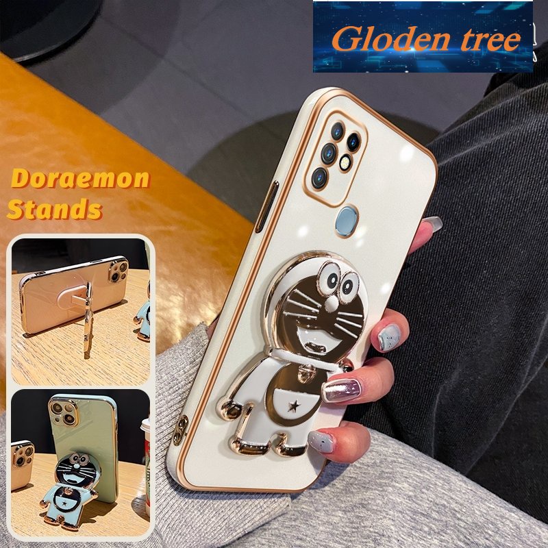 Gloden tree Casing Untuk Infinix Hot 10x682b X682C Case Fashion Kartun Doraemon Lipat Stand Phone Case Electroplating Shockproof Phone Holder Case