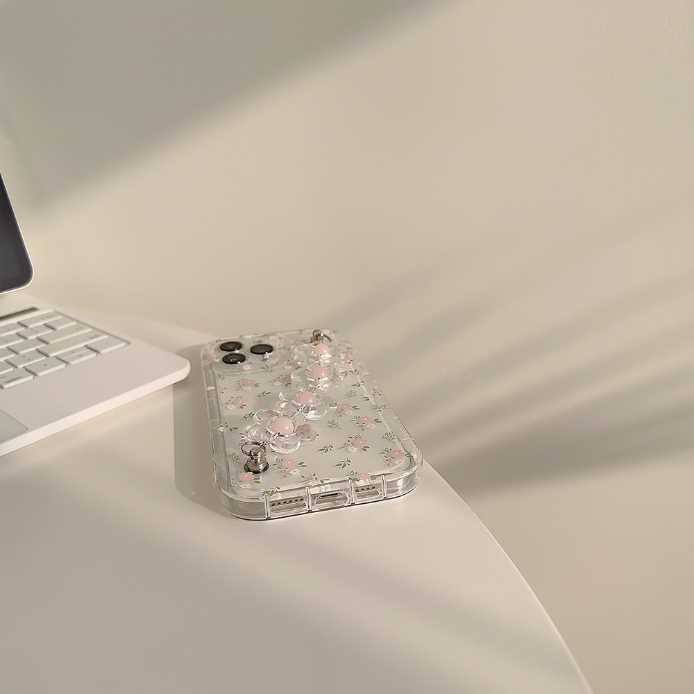 IPHONE Transparan Musim Panas Bunga Merah Muda Perlindungan Penuh Ponsel Case Cover Pelindung Dengan Rantai Bunga 3D Untuk Iphone11 12 13 14 PLUS PRO MAX