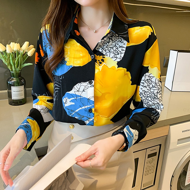 2023 COD New Fashion Korean Black Yellow Print Casual Work Long Sleeve Women Shirt Kemeja Wanita Lengan Panjang