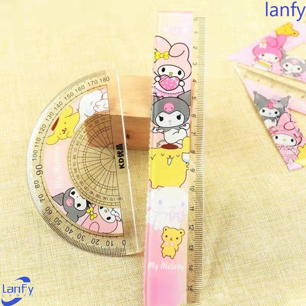 Lanfy Penggaris Segitiga Lurus Busur Derajat Set Multifungsi 4 Pcs/Set Kuromi Anime Math Supplies Kawaii Dividing Ruler