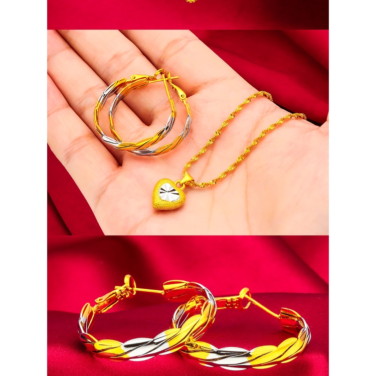 Goldkingdom Aksesoris Perhiasan Fashion Ready Stock Two tone Emas Dan Perak Anting Liontin Lapis Emas Set Mewah