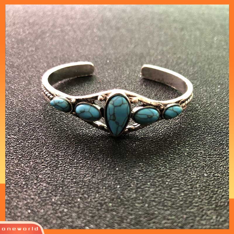 [EONE] Pembukaan Ukir Berongga Keluar Manset Gelang Vintage Turquoises Wanita Bangle Aksesoris Fashion