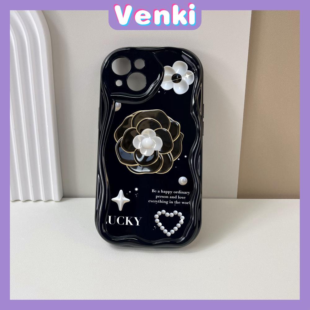 VENKI - For iPhone 11 iPhone Case 3D Curved Edge Wave Glossy Black TPU Airbag Shockproof Camera Cover Luxury Camellia Compatible with iPhone 14 13 Pro max 12 Pro Max xr xs max 7 8