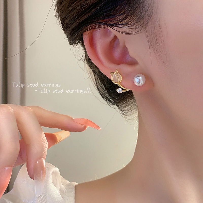 Ay (CN) Anting Bunga Tulip Anting Tusuk Mutiara Emas Elegan Untuk Aksesoris Perhiasan Wanita