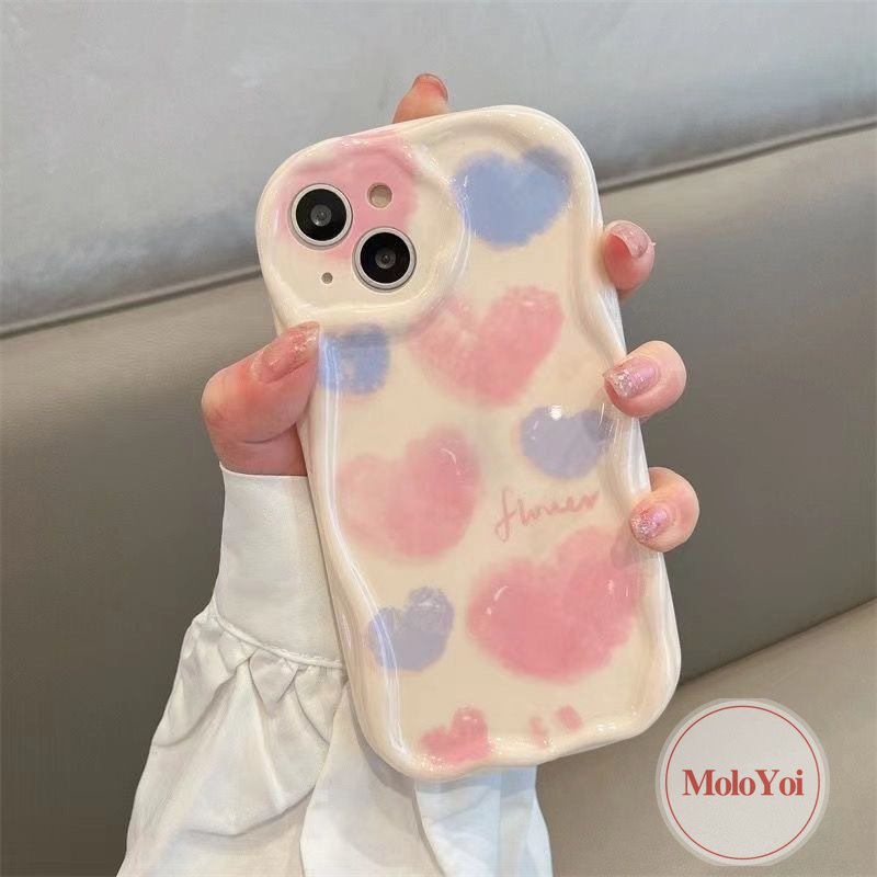 IPHONE Shockproof Case Kompatibel Untuk Iphone11 14 13 12 Pro Max 7Plus XR 6s 6 7 8 Plus X XS Max SE 2020 Ins Tinta Cinta Hati Bunga 3D Wavy Curved Edge Glossy Airbag Soft Cover