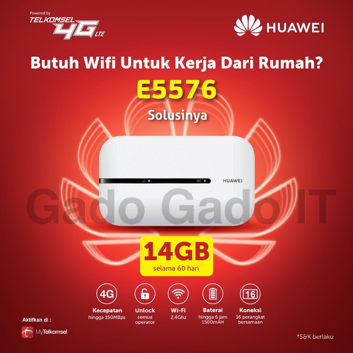 MIFI ROUTER HUAWEI E5576 SPEED 4G LTE BUNDLING TELKOMSEL 14GB (UNLOCK)