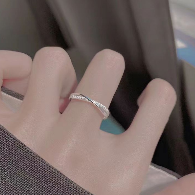 Kami Bunga Korea s925 Perak Bersinar Zirkon Cross Cincin Untuk Wanita Gadis ins Trendi Garis Geometris Rings Sederhana Fashion Jari Perhiasan Aksesoris