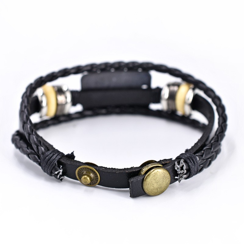 [X C Gelang] Pola Agama Baru Cinta Menjatuhkan Minyak Gelang Hitam Kulit Vintage Hip Hop Punk Gelang Lengan Manik-Manik Multilayer Zinc Alloy Anyaman Gelang