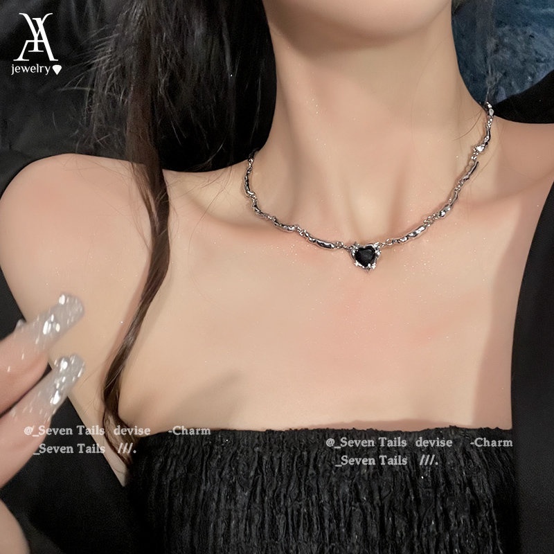 Ay (CN) Y2K Kalung Perak Larut Cair Untuk Wanita Hitam Hati Rantai Choker Aksesoris Perhiasan