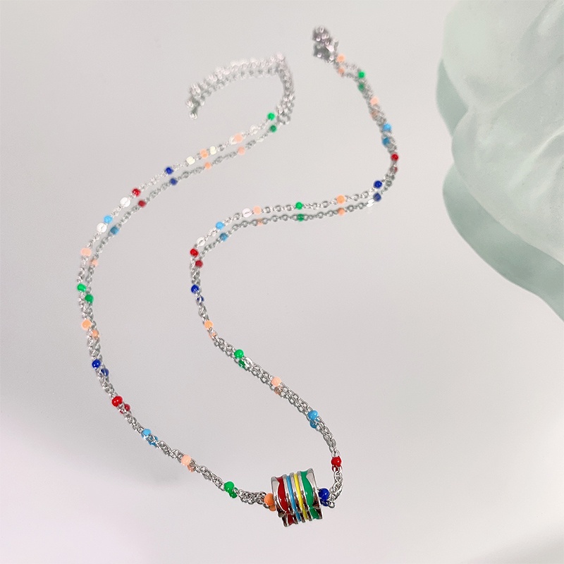 Roselife Trendy Rantai Perak Rainbow Silinder Liontin Kalung Untuk Wanita Gadis Elegan Warna-Warni Manik-Manik Rantai Kalung Perhiasan Hadiah