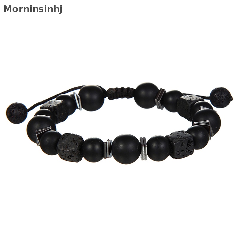 Mornin Gelang Hitam Lava Square Volcanic Stone Gelang Pria Matte Black Glass Beads Adjustable Bracelet Gelang Charm id