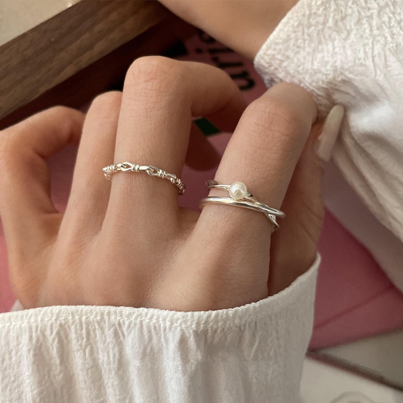 Kami Bunga Korea Trendi s925 Perak Cross Mutiara Cincin Untuk Wanita Gadis Elegan Geometris Berongga Simpul Rings Fashion Jari Perhiasan Aksesoris