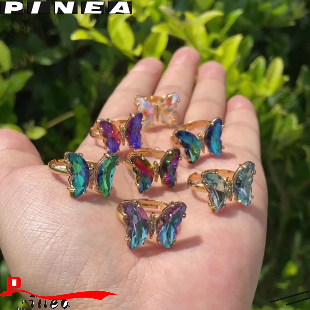 Cincin Nanas Fashion Perhiasan Temperamen Cincin Kupu-Kupu Terbuka Kristal Dapat Disesuaikan