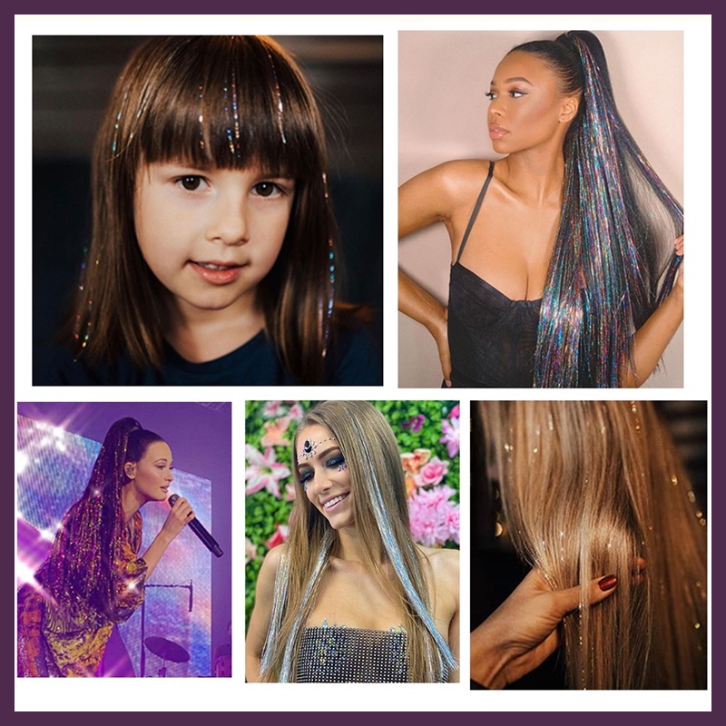 Wig Ekstensi Rambut Mengkilap Warna-warni Sutra Emas Laser Sutra Potongan Rambut Lurus Tenun Wig - SG