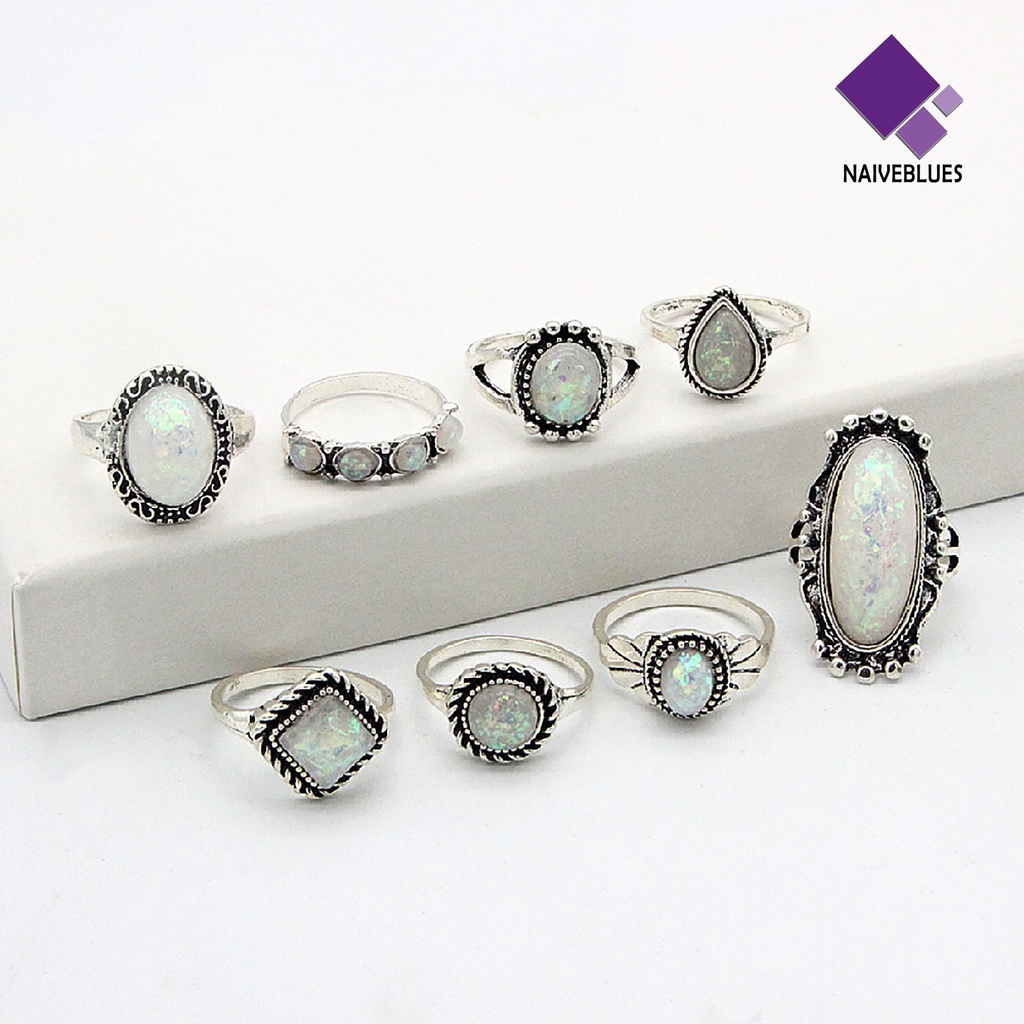 &lt; Naiveblues &gt; 8Pcs/Set Cincin Buku Jari Dapat Ditumpuk Persegi Warna Silver Gaya Etnik Permata Jari Perhiasan Aksesori