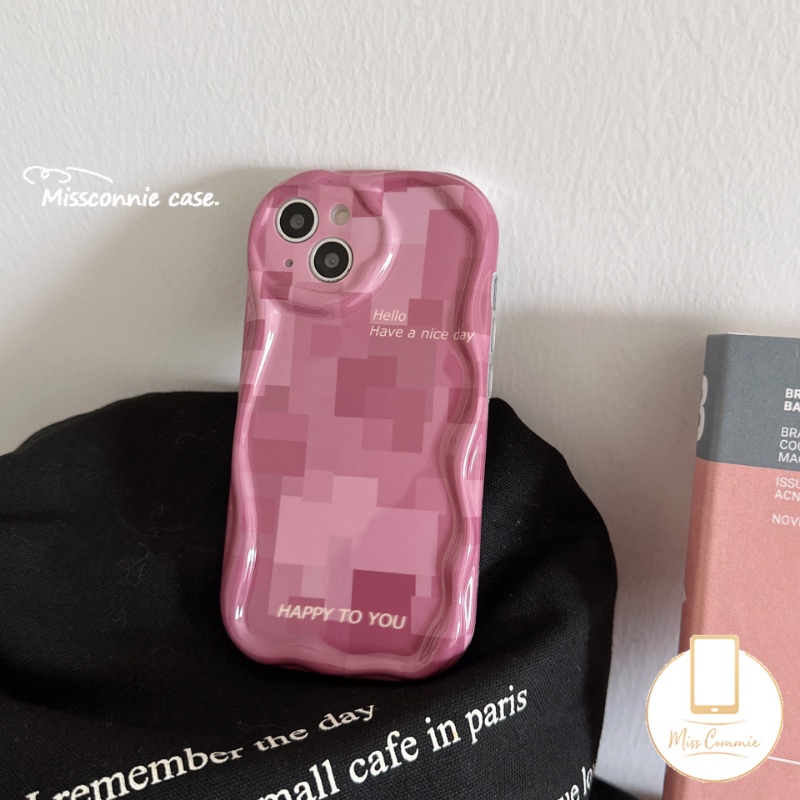 IPHONE Shockproof Phone Cover Kompatibel Untuk Iphone11 14 12 13 Pro Max X7 8 6s 6 Plus XR XS Max SE 2020 7Plus Kreatif Rose Pink Lattice 3D Wavy Curved Edge Soft Glossy Case