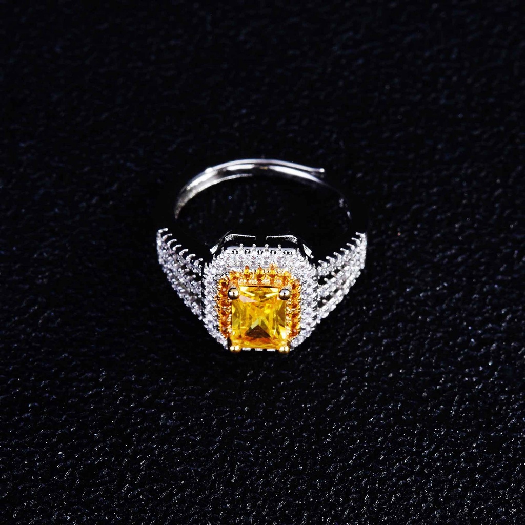 Goldkingdom Fashion Perhiasan Aksesoris Ready Stock Persegi Panjang Kuning Berlian Cincin Indah Persegi Kekayaan Atraksi Berlian Kuning Pembukaan Warna-Warni Harta Cincin Perempuan